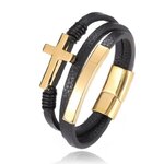 สร้อยข้อมือชาย สร้อยข้อมือ สายหนังแท้ ร้อย จี้ ไม้กางเขน สีดำ สีเงิน สีทอง สร้อยข้อมือแบบหลายเส้น 381425