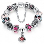 สร้อยข้อมือ Diy สร้อยข้อมือ Charm สไตล์ Pandora ติดคริสตัล ออสเตเรีย สีชมพู ทับทิม สีสวย ร้อย สลับ เม็ดบีด สีเงิน ห้อยจี้ดอกไม้ สวยหรู 758788