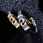 สร้อยข้อมือชาย สายหนังแท้ สร้อยข้อมือวัยรุ่น ลายหนังถัก ผสมผสาน กับสแตนเลสสีทอง แบบอียิปต์ โบราณ 284497