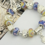 สร้อยข้อมือ Diy สไตล์ Pandora กำไลข้อมือ ร้อย Glass Bead สีรุ้ง สลับ จี้เงิน ลายเงินโบราณ ห้อย จี้ดอกไม้ สีเงิน คิวบิก 253206