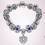 สร้อยข้อมือ Diy สไตล์ Pandora สร้อยข้อมือ ผู้หญิง ร้อยเม็ดบีด สีเงิน แต่งด้วย คริสตัลแท้ สีน้ำเงิน สุดหรู ของขวัญ ให้แฟน 907019