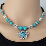 สร้อยคอลูกปัด สไตล์ โบฮีเมี่ยน ตกแต่ง ลูกปัด ลายดอกไม้ สีเงิน ผสมกับแดง และ ฟ้า 557003