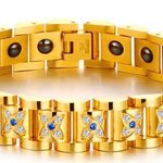 สร้อยข้อมือ กำไลข้อมือ สแตนเลสแท้ สีทอง พรีเมี่ยม ฝังเพชร CZ AAA ลายดอกไม้ ใจกลาง สีน้ำเงิน 643330