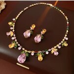 ชุดเครื่องเพชร โทนสีชมพู สร้อยคอ พร้อม ต่างหู เพชร เข้าชุด ดีไซน์ ลายผลไม้ สวยงาม ใส่ออกงาน 400824