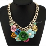 สร้อยคอสไตล์ วินเทจ ลายดอกไม้สีฟ้าสลับสี เส้นใหญ่ A001