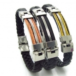 สร้อยข้อมือผู้ชาย กำไลข้อมือ ผู้ชาย สาย หนังถัก สีดำ ออกแบบผสมผสาน กับ สแตนเลส สตีล แท้ สีเงิน แต่งด้วย ลวด 2 ชั้น สีทอง ดำ 270395