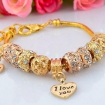 สร้อยข้อมือ Diy สไตล์ Pandora สร้อยข้อมือทอง ร้อย เม็ดบีด กลม สีทอง สลับ Rose Gold ฝังเพชร CZ คริสตัล ห้อย หัวใจ ของขวัญให้แฟน สุดหรู 706031