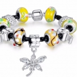 สร้อยข้อมือ Diy สไตล์ Pandora สร้อยข้อมือ ผู้หญิง Hand made ร้อย Glass Bead สีเหลือง ห้อยจี้ ผีเสื้อ ติดเพชร CZ ของขวัญสุดหรู 625887