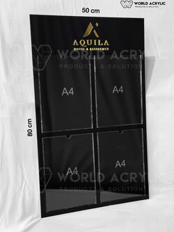 บอร์ดประกาศ A4 (4 ช่อง) พื้นหลังสีดำ พร้อมเลเซอร์โลโก้ไดคัท ตามแบบของลูกค้า