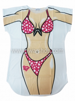 เสื้อลายบิกินี่ชมพูหัวใจ เสื้อยืดลายบิกินี่ เสื้อสกรีนลายบิกินี่ เสื้อลายชุดว่ายน้ำ เสื้อฮาๆ พิมพ์ลายเซ็กซี่ ชุดเดรสลายบิกินี่ ชุดไปทะเล ชุดเที่ยวทะเล เสื้อผ้าไปทะเล