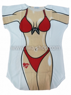 เสื้อลายบิกินี่ พื้นแดง เสื้อยืดลายบิกินี่ เสื้อสกรีนลายบิกินี่ เสื้อลายชุดว่ายน้ำ เสื้อฮาๆ พิมพ์ลายเซ็กซี่ ชุดเดรสลายบิกินี่ ชุดไปทะเล ชุดเที่ยวทะเล เสื้อผ้าไปทะเล