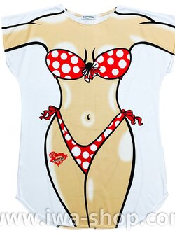 เสื้อลายบิกินี่แดงจุดขาว เสื้อยืดลายบิกินี่ เสื้อสกรีนลายบิกินี่ เสื้อลายชุดว่ายน้ำ เสื้อฮาๆ พิมพ์ลายเซ็กซี่ ชุดเดรสลายบิกินี่ ชุดไปทะเล ชุดเที่ยวทะเล เสื้อผ้าไปทะเล