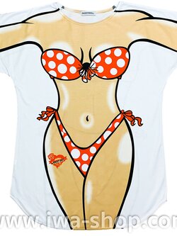 เสื้อลายบิกินี่ส้มจุดขาว เสื้อยืดลายบิกินี่ เสื้อสกรีนลายบิกินี่ เสื้อลายชุดว่ายน้ำ เสื้อฮาๆ พิมพ์ลายเซ็กซี่ ชุดเดรสลายบิกินี่ ชุดไปทะเล ชุดเที่ยวทะเล เสื้อผ้าไปทะเล