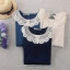 เสื้อแขนยาว แต่งลูกไม้ฉลุ เสื่อแขนยาวสีน้ำเงิน คราม แต่งลูกไม้ขาว ช่วงคอปก แบบหวาน สวย น่ารักคะ