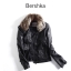 Bershka เสื้อหนัง แจ็คเก็ตหนังสีดำ แต่งปกเฟอร์ แบรนด์BERSHKA งานสวย เทห์มากคะ (ปกเฟอร์ถอดได้คะ) ดำ